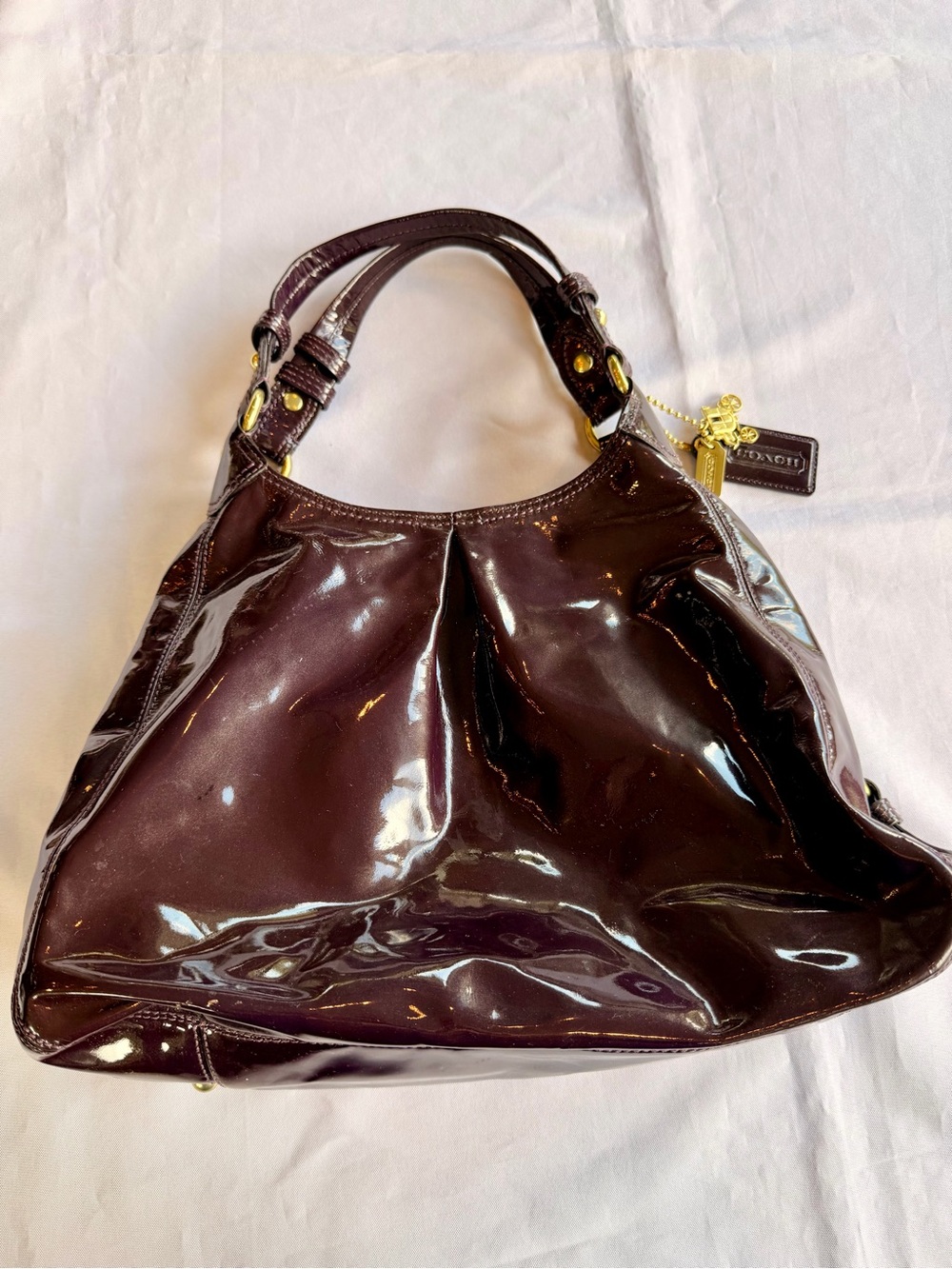 Coach Maggie Eggplant Purple Patent Leather Purse Gold Detail No 13900 RARE